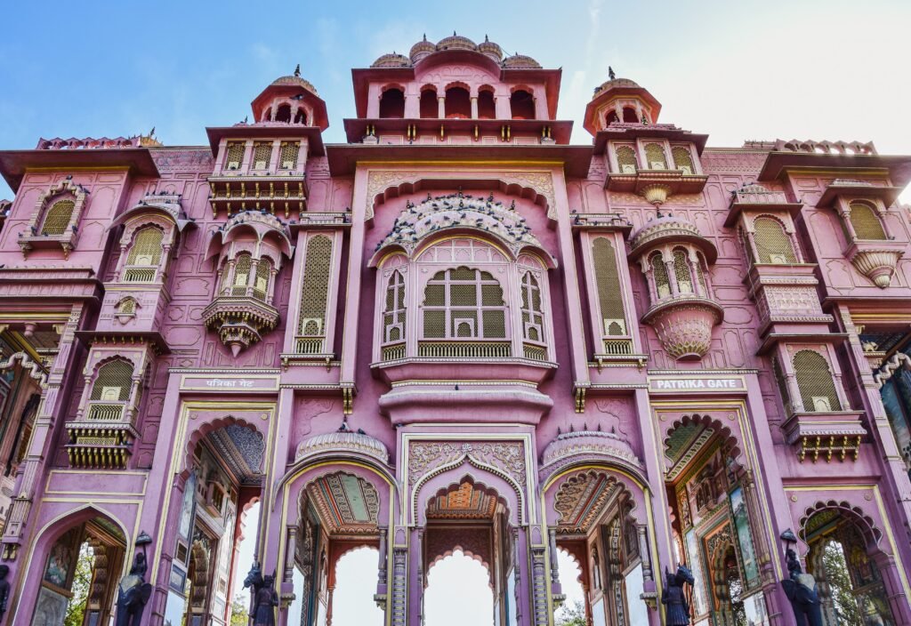 Detailed view of Patrika Gate, an iconic architectural marvel in Jaipur, India.