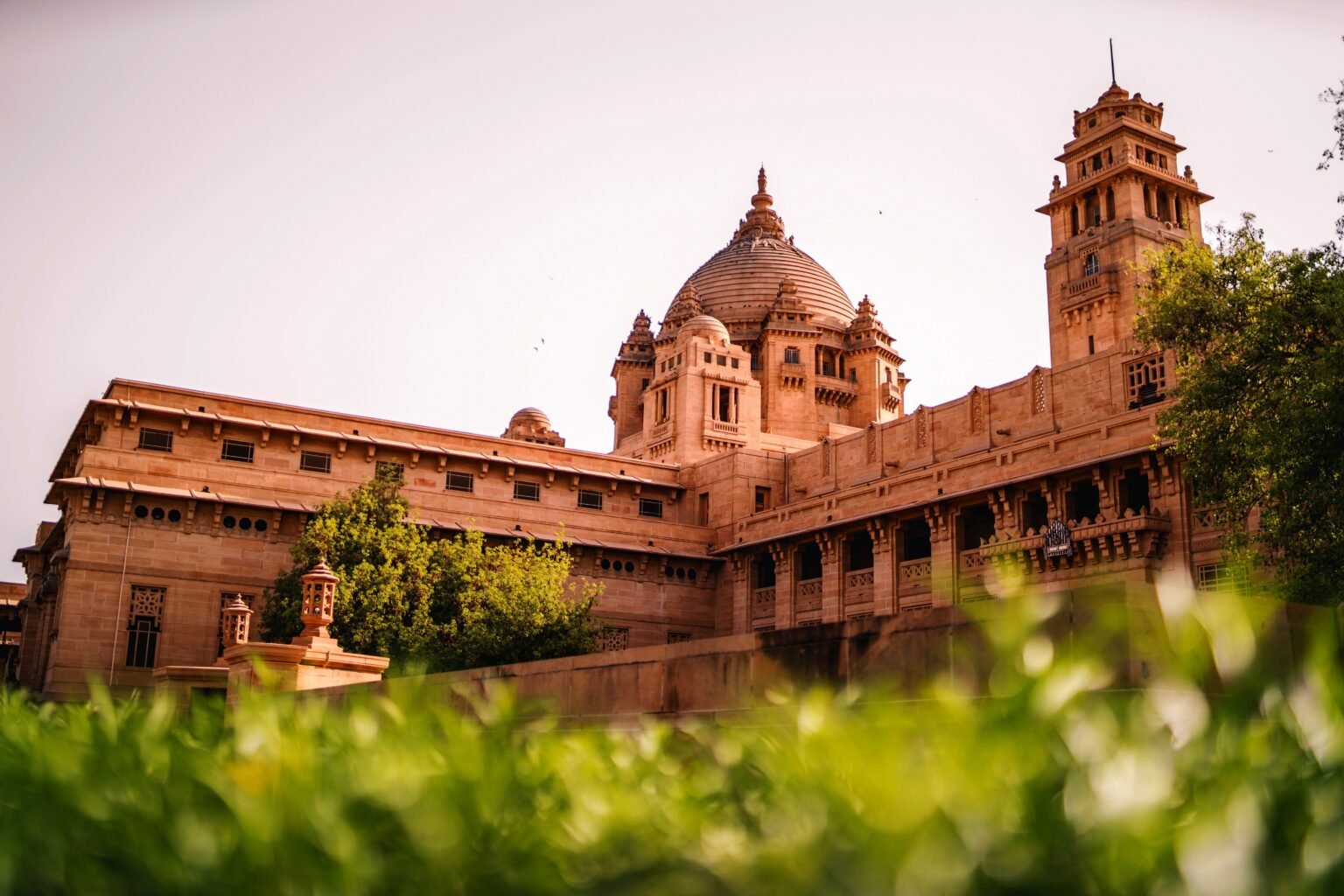 Stunning low-angle view of Umaid Bhawan Palace, a landmark in Jodhpur, India.